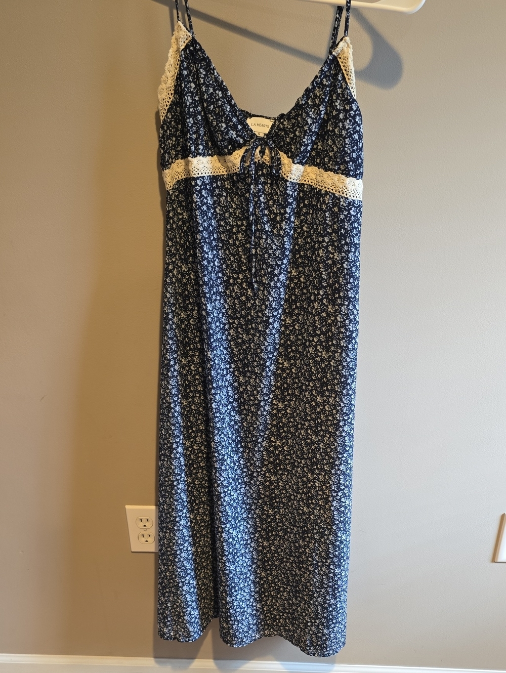 Blue Floral Maxi Slip Dress with Cream Lace Trim